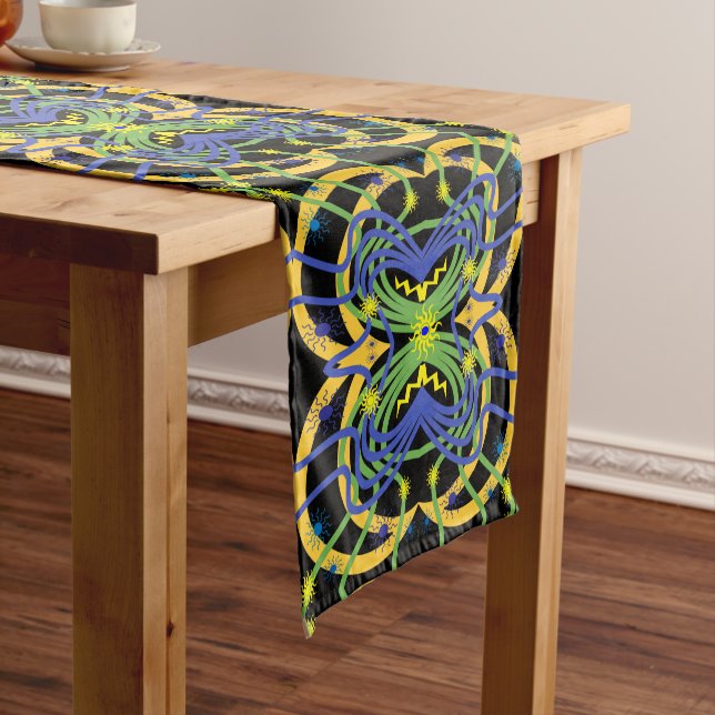 Green, Blue, Yellow Abstract Short Table Runner (In Situ)