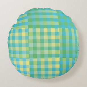 Green Blue Yellow Chequered Patchwork Pattern Round Pillow