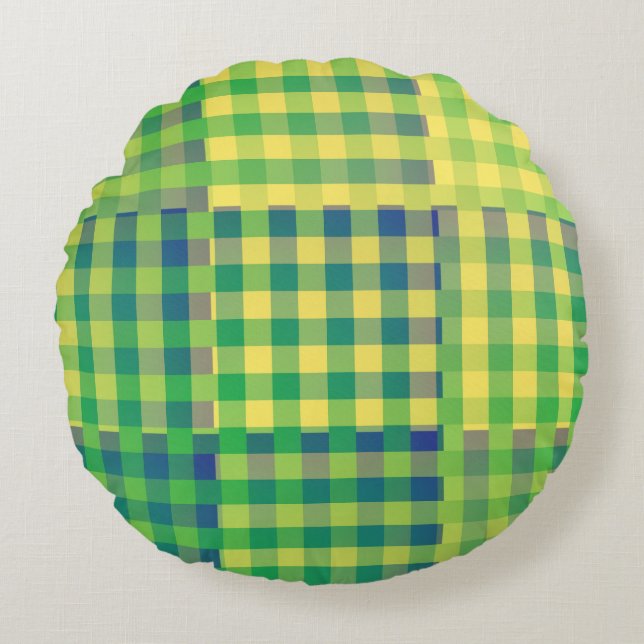 Green Blue Yellow Chequered Patchwork Pattern Round Pillow (Front)