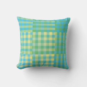 Green Blue Yellow Chequered Patchwork Pattern Throw Pillow