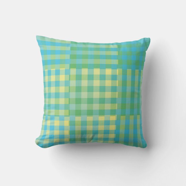 Green Blue Yellow Chequered Patchwork Pattern Throw Pillow (Front)