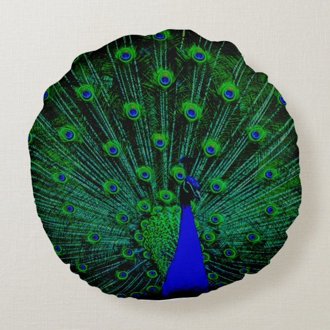 GREEN BLUE YELLOW STUNNING PEACOCK ROUND PILLOW (Back)