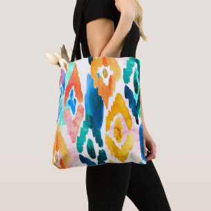 Green Blue Yellow Watercolor Abstract Ikat   Tote Bag