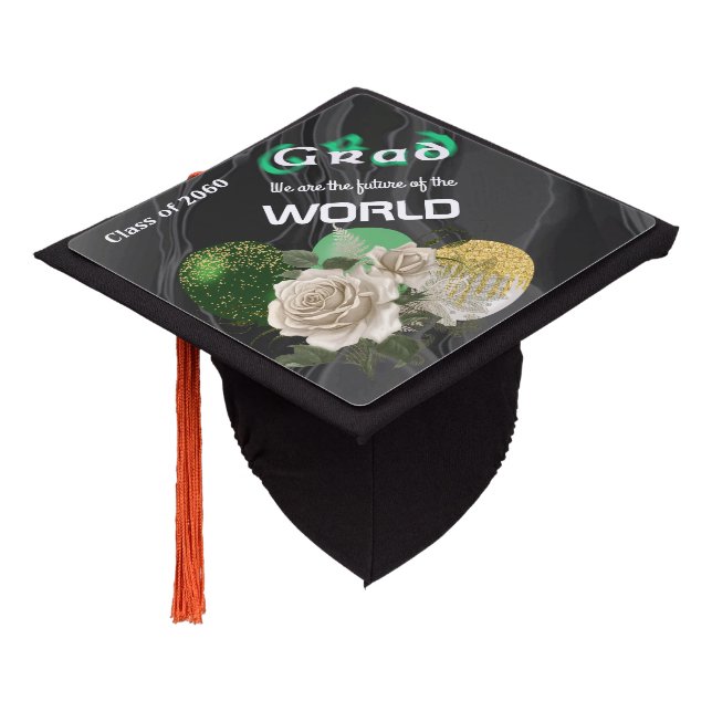Green Blurred Text White English Roses & Balloons Graduation Cap Topper (Angled)