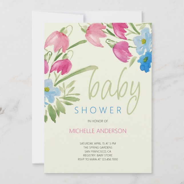 Green Blush And Blue Floral Spring Baby Shower Invitation (Front)