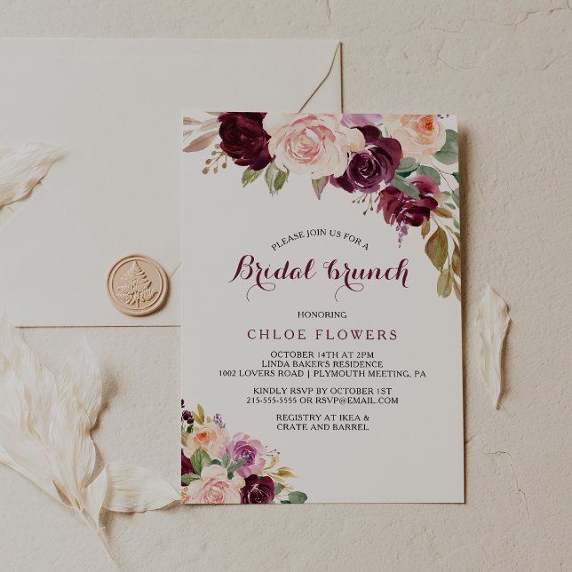 Green Blush Burgundy Floral Bridal Brunch Invitation (Creator Uploaded)