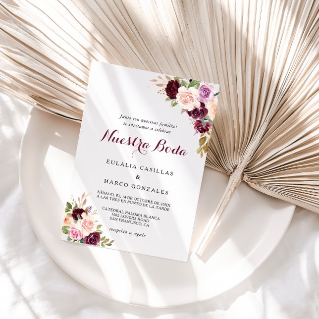 Green Blush Burgundy Floral Spanish Wedding Invitation (Creator Uploaded)
