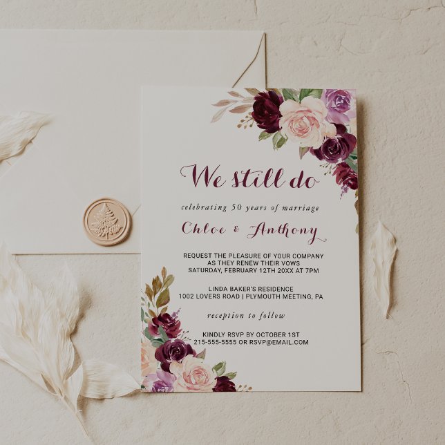 Green Blush Burgundy Floral Vow Renewal Invitation (Creator Uploaded)