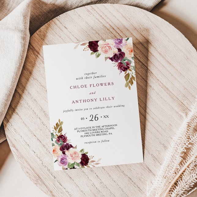 Green Blush Burgundy Floral Wedding Invitation (Creator Uploaded)