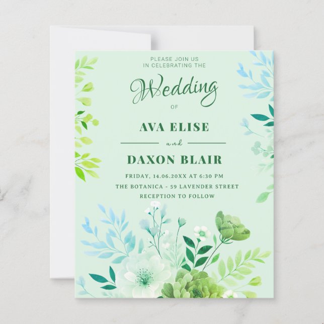 Green Blush Floral Budget Wedding Invitation (Front)