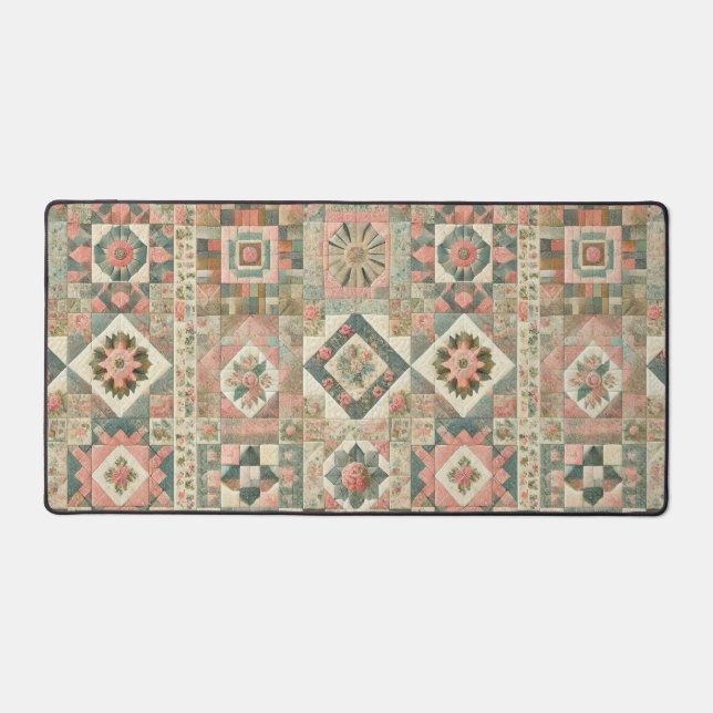 Green Blush Pink Patchwork Floral Quilted Design  Desk Mat (Front)
