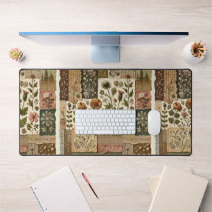 Green Blush Pink Patchwork Floral Quilted Design Desk Mat
