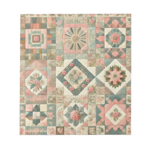 Green Blush Pink Patchwork Floral Quilted Design Notepad