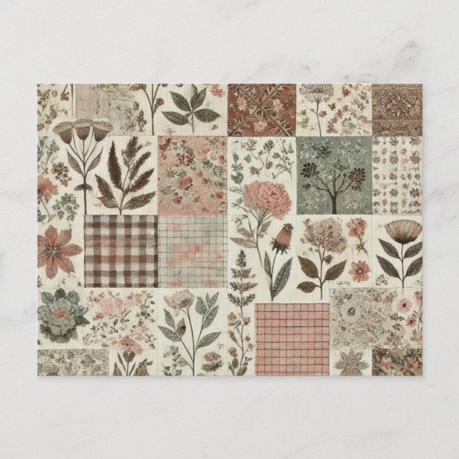 Green Blush Pink Patchwork Floral Quilted Design  Postcard (Front)