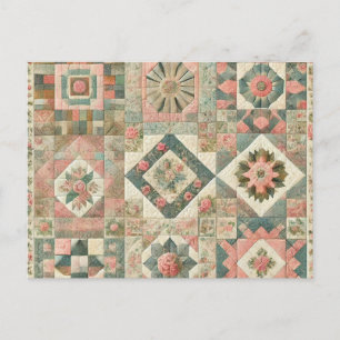 Green Blush Pink Patchwork Floral Quilted Design  Postcard