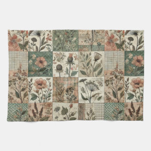 Green Blush Pink Patchwork Quilt Rustic Floral  Kitchen Towel