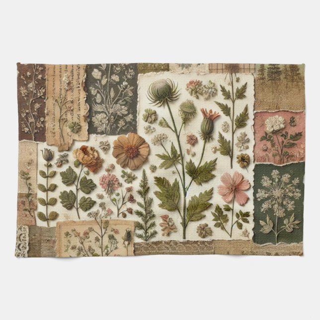 Green Blush Pink Patchwork Quilt Rustic Floral  Kitchen Towel (Horizontal)