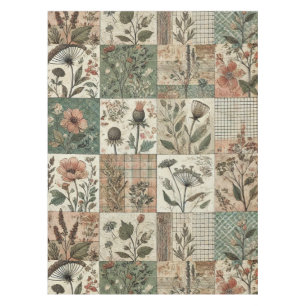 Green & Blush Pink Patchwork Quilt Vintage Floral  Tablecloth