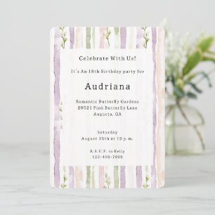 Green Blush Pink Purple Floral Stripes Birthday  Invitation