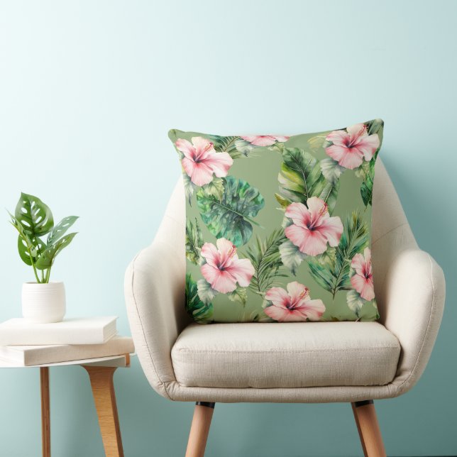 Green Blush Pink Tropical Leaves Hibiscus Flowers Throw Pillow (Chair)