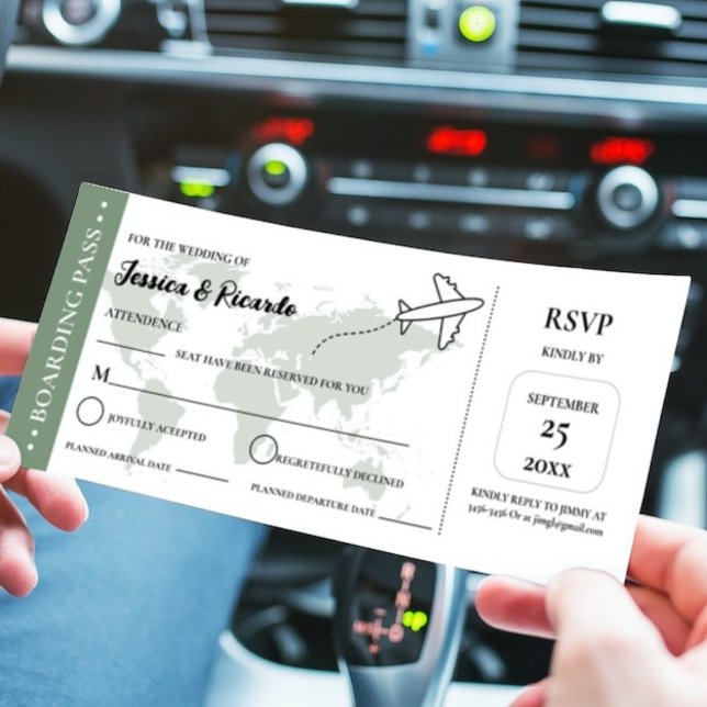 Green boarding pass wedding RSVP enclosure card (Creator Uploaded)