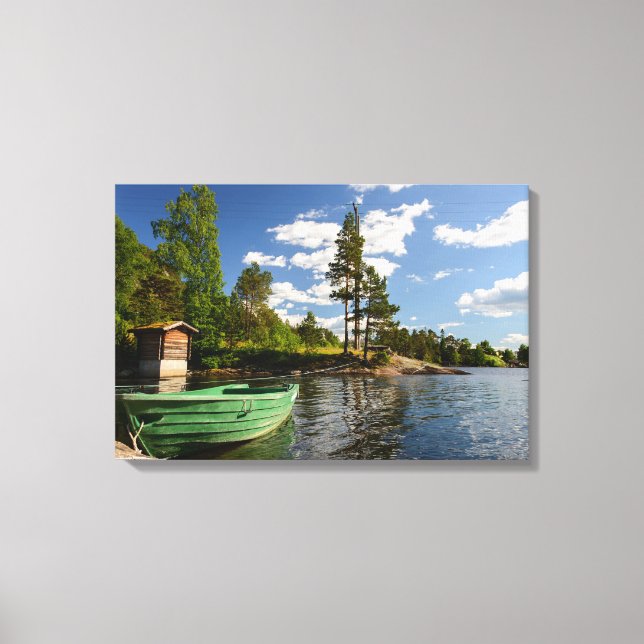 Green boat in a fjord in Norway Canvas Print (Front)