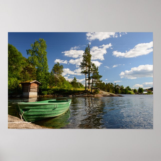 Green boat in a fjord in Norway poster print (Front)