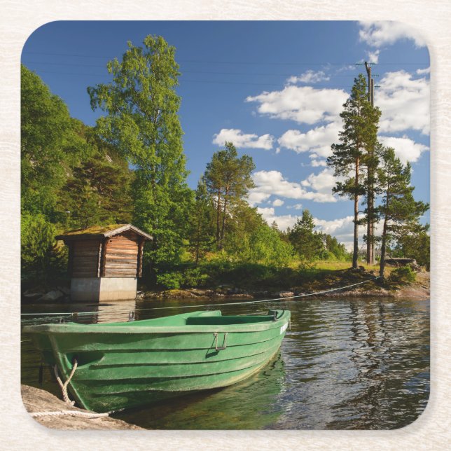 Green boat in a fjord in Norway Square Paper Coaster (Front)