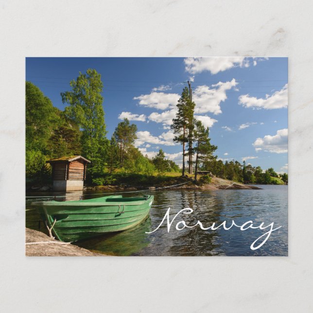 Green boat in a fjord in Norway text postcard (Front)