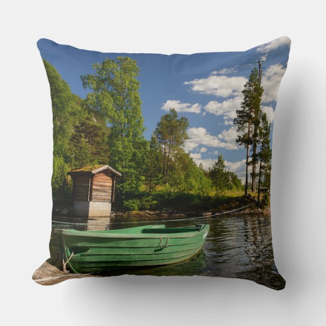 Green boat in a fjord in Norway Throw Pillow (Front)