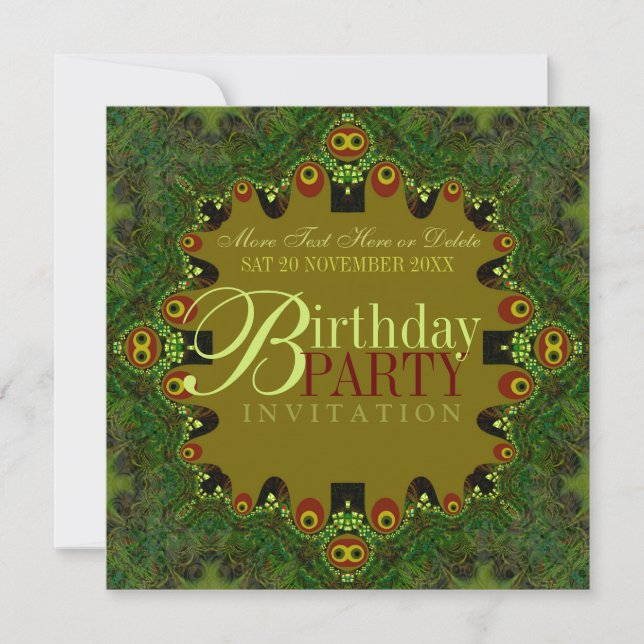 Green Bohemian Tapestry Birthday Party Invitations (Front)