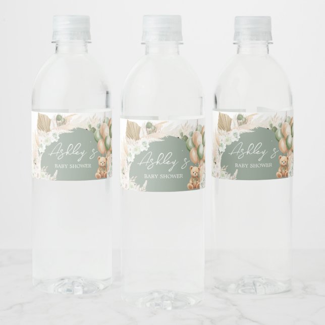 Green Boho Bear Balloon Baby Shower  Water Bottle Label (Bottles)