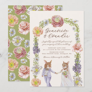 Green Boho Bunny Rabbit Love Watercolor Wedding Invitation