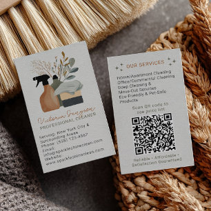 Green Boho Cleaning Service Maid QR Code Business Card