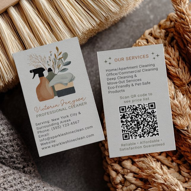Green Boho Cleaning Service Maid QR Code Business Card (Green Boho Cleaning Service Maid QR Code Business Card)