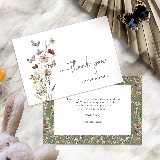 Green Boho Fleur sauvage Merci Cartes (Sage Green Boho Wildflower Thank You Cards with Butterflies by Painted Paperie
)