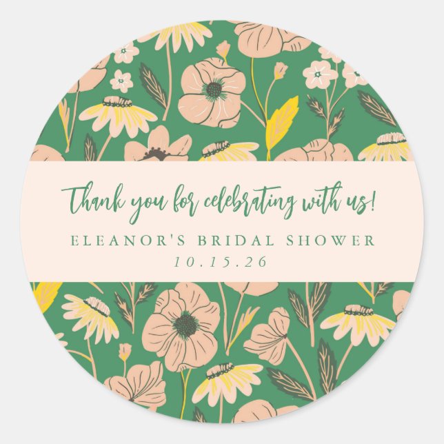 Green Boho Floral Custom Bridal Shower Thank You  Classic Round Sticker (Front)