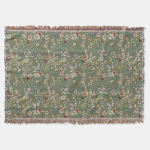 Green Boho Floral Throw Blanket