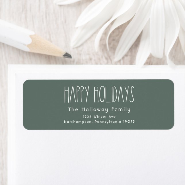 Green Boho Happy Holidays Return Address Envelope (Insitu)