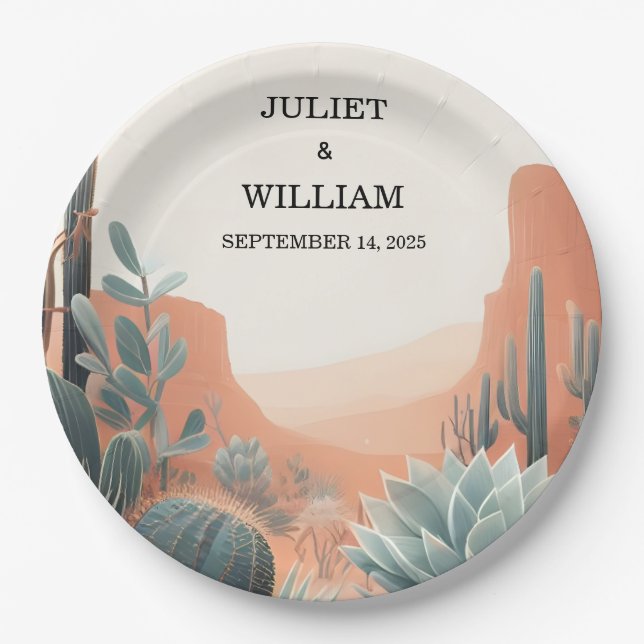 Green Boho Leaf Desert Cacti Succulent Wedding Paper Plate (Front)