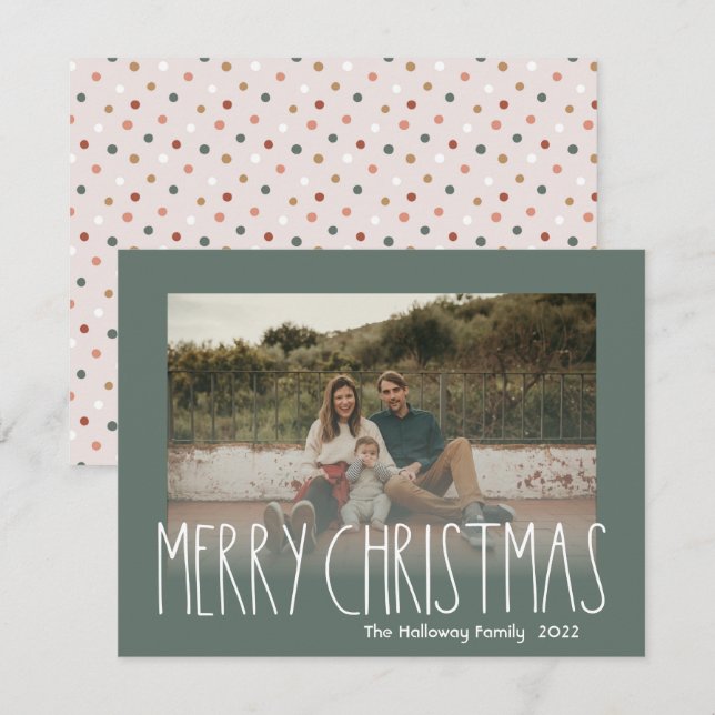 Green Boho Polka Dot Christmas Faded Photo Holiday Card (Front/Back)
