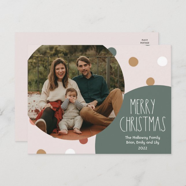 Green Boho Polka Dot Christmas One Photo Holiday Postcard (Front/Back)