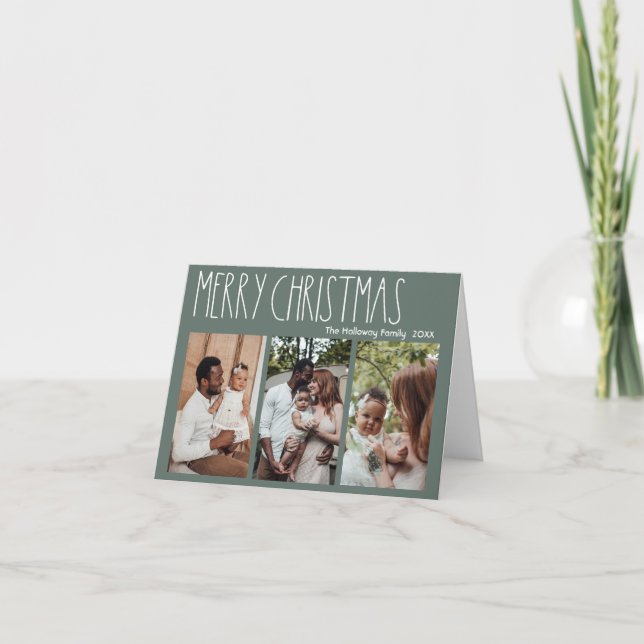Green Boho Polka Dot Christmas Three-Photo Folded Holiday Card (Front)