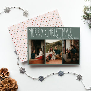 Green Boho Polka Dot Christmas Three-Photo Holiday Card
