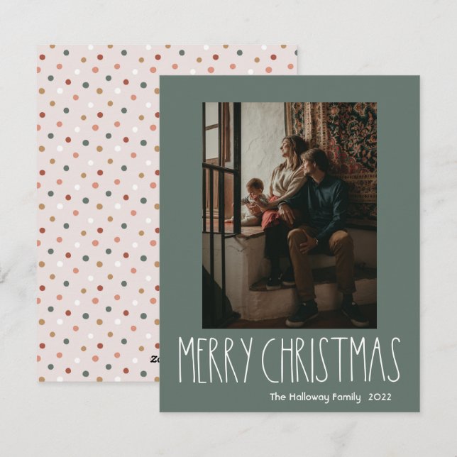 Green Boho Polka Dot Christmas Vertical One Photo Holiday Card (Front/Back)