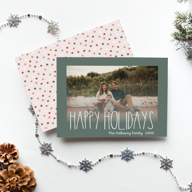 Green Boho Polka Dot Happy Holidays Faded Photo Holiday Card (Creator Uploaded)