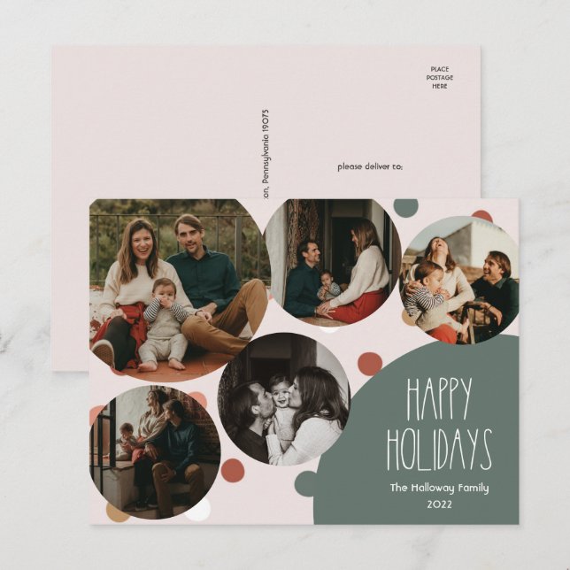 Green Boho Polka Dot Happy Holidays Five-Photo Holiday Postcard (Front/Back)