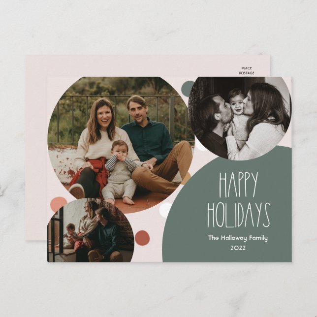 Green Boho Polka Dot Happy Holidays Three Photo Holiday Postcard (Front/Back)