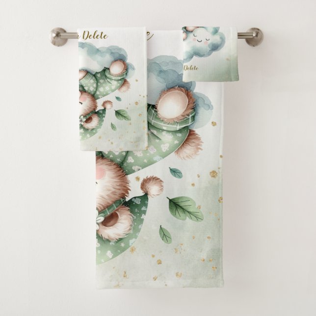 Green Boho Sleeping Teddy Bear Cute Bath Towel Set (Insitu)