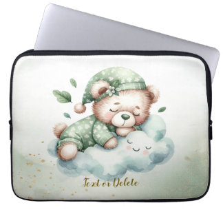 Green Boho Sleeping Teddy Bear Cute Laptop Sleeve